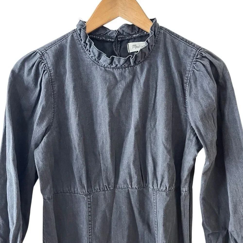 Madewell black mock neck ruffled mini long sleeve cotton dress size 4 academia b - Picture 5 of 8